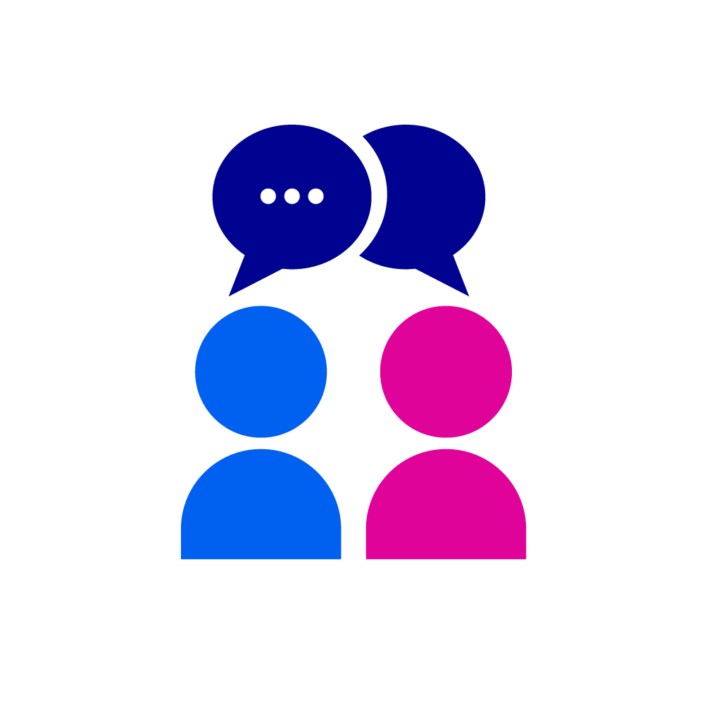 Graphic showing two people with a speech button